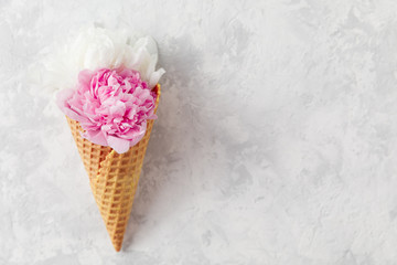 Bouquet of white and pink peonies in a waffle cone on a light gray background