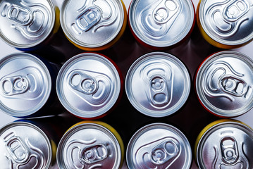 Group of aluminium cans, cold drink.