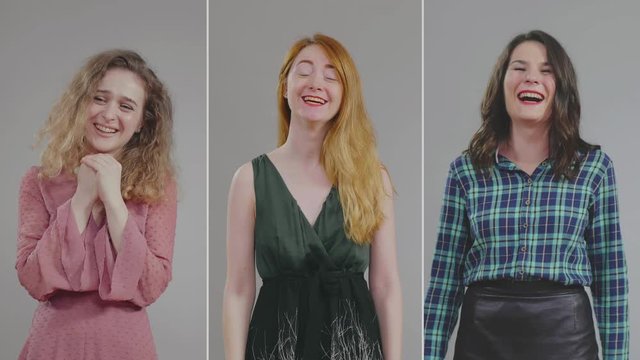 Collage of portraits of three beautiful young women laughing against grey background