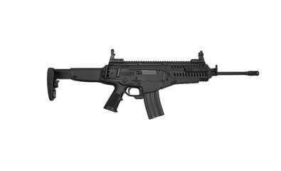 Modern automatic rifle isolated on white back. Weapons for police, special forces and the army. Automatic carbine with mechanical sights. Assault rifle on white back.