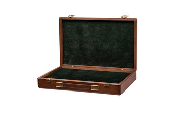 An open box of dark wood with green velvet inside gilded locks isolate on a white back. Luxury packaging for gift or storage of expensive items.