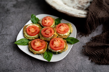 Fried zucchini with tomato dill mayonnaise and garlic sauce. Russian, European appetizer 