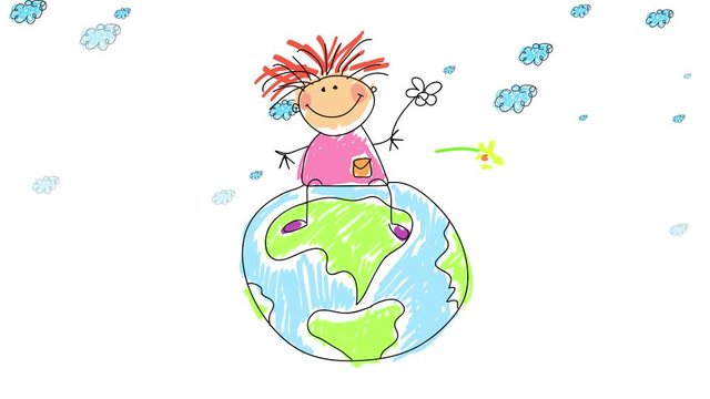 clouds moving and fading on the background behind planet earth drawn like a doodle from a little child with a girl in pink sitting over it smiling and holding a flower