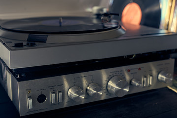 Music amplifier for vinyl player, turntables. Old school. musical atmosphere. Old player and analog music