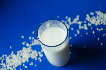 Glass of rice milk. Rice beans on classic blue background. Alternative milk. International milk day. Lactose free drinks. Copy space
