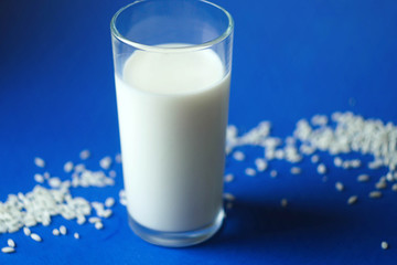 Glass of rice milk. Rice beans on classic blue background. Alternative milk. International milk day. Lactose free drinks. Copy space