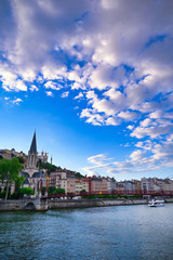 Fototapeta premium Lyon, France and the architecture along the Saone River.