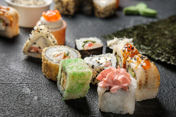 Set of traditional japanese food on a dark background