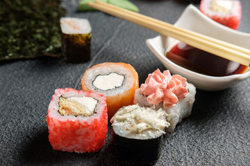 Set of traditional japanese food on a dark background