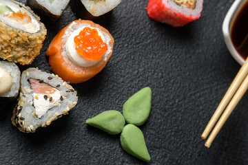 Set of traditional japanese food on a dark background