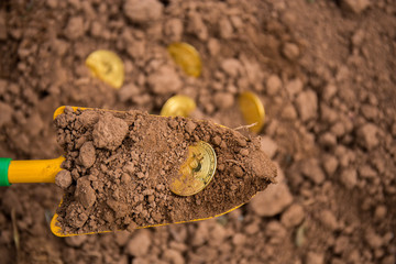Bitcoin cryptocurrency, the future of business and payments. Rising value of bitcoin. Virtual currency. Excavation of gold coins from the ground