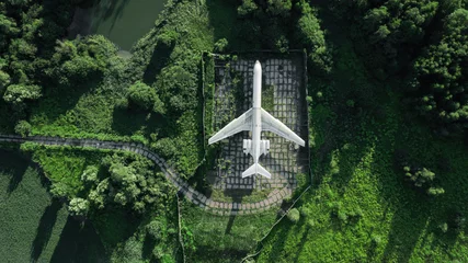 Fotobehang Oud vliegtuig old abandoned plane standing in green field. aerial view, drone shot, bird's eye