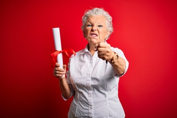 Senior beautiful student woman holding diploma standing over isolated red background annoyed and frustrated shouting with anger, crazy and yelling with raised hand, anger concept