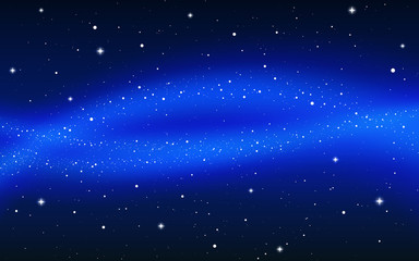 Milky way with magic stardust. Space background with starry night sky. Bright nebula texture with shining stars. Dark universe with starlight. Vector illustration