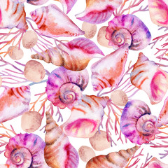 Sea seamless watercolor pattern pink corals and seashells on a white background