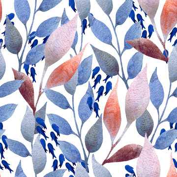 Sea seamless watercolor pattern of seaweed leaves and blue fishes on white background © Marina