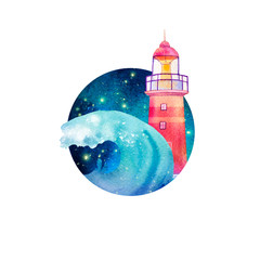 Watercolor illustration of a lighthouse near the sea on a white background. Ideal for print, poster.