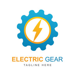 Electric power vector logo design element with gear shape. Service energy and thunder electricity symbol concept. Lightning bolt sign in the circle. Flash vector emblem template. Power fast speed
