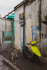 Old city with soviet streets and old houses and windows