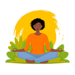 Obraz na płótnie Canvas African woman meditating on nature leaves background. Yoga, sport, recreation, relax concept. Vector illustration in flat style