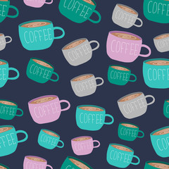 Coffee. Colorful cups with coffee on dark blue background. Hot drink. Americano, cappuccino, latte, espresso, mocha. Vector seamless pattern.