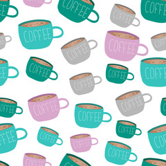Coffee. Colorful cups with coffee on white background. Hot drink. Americano, cappuccino, latte, espresso, mocha. Vector seamless pattern.