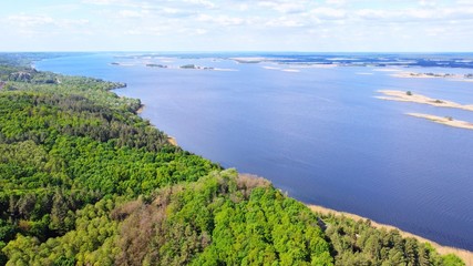 View of the Dnieper near the village of Vytachev Kiev region, aerial photography. the largest tectonic structure in Ukraine, top view. Vytachiv, Kyiv region. Ukrainian landmarks. 