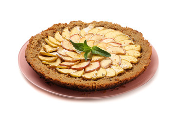 Plate with tasty apple pie isolated on white background