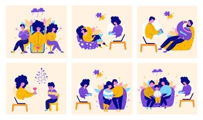 Family with child consultation with psychologist online, vector flat cartoon illustration set