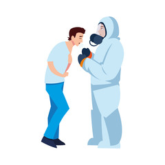 Doctor with protective suit checking man with dry couch vector design