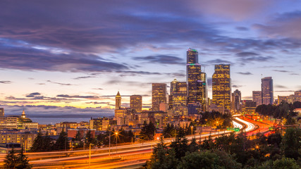 View of Seattle downtown over I5 interstate highway at sunset from Dr. Jose Rizal Park, Washington, USA