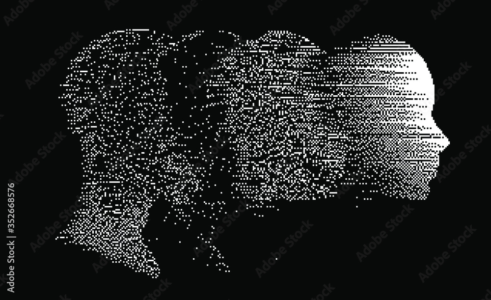Poster Artificial intelligence concept. Human head with glitched pixels, distorted profile of a woman made of square particles.