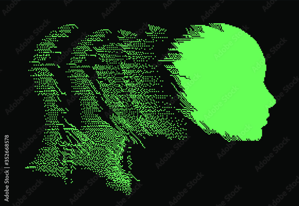 Poster Artificial intelligence concept. Human head with glitched pixels, distorted profile of a woman made of square particles.