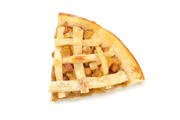 Piece of tasty apple pie isolated on white background. Homemade food