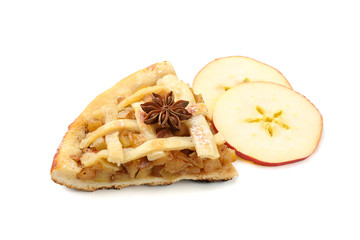 Piece of tasty apple pie isolated on white background. Homemade food