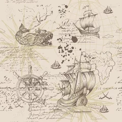 Foto auf Acrylglas Meerjungfrau Vector abstract seamless pattern on the theme of travel, adventure and discovery and pirates. Vintage repeating background with hand-drawn ships, anchors, wind rose and islands.  © podtin