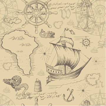 Vector abstract seamless pattern on the theme of travel, adventure and discovery and pirates. Vintage repeating background with hand-drawn ships, anchors, wind rose and islands.