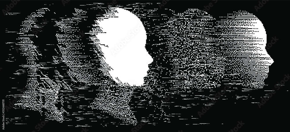 Aufkleber artificial intelligence concept. human head with glitched pixels, distorted profile of a woman made 
