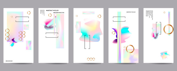 Gradient mesh cover set of backgrounds texture foil pearl shades. Abstract stylish gradient with holographic foil. 90s, 80s retro style