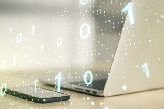 Creative abstract binary code sketch on modern laptop background, hacking and matrix concept. Multiexposure