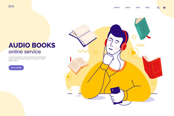 Audiobook service web page concept. Character in headphones listens to audio books from a smartphone. Internet library. Learning foreign languages. Online education. Vector illustration in flat style.
