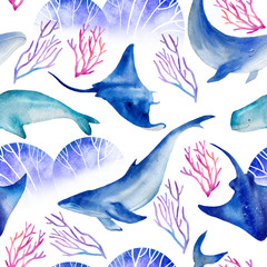 Watercolor seamless pattern with whales, stingrays, corals. Texture with oceanic mammals for wallpaper, packaging, scrapbooking, fabrics, textiles