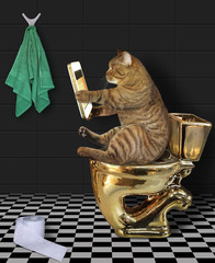 The beige cat with a smartphone is sitting on a gold toilet bowl in the bathroom.