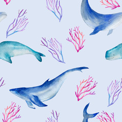 Fototapeta premium Watercolor seamless pattern with whales, beluga, corals on a blue background. Texture with oceanic mammals for wallpaper, packaging, scrapbooking, fabrics, textiles