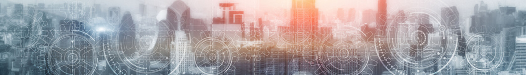 Cityscape cogwheels. Gears interface concept. Web banner.