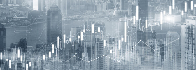 Stock trading, investment, candle stock market chart diagram website header banner city view skyline.