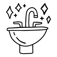 Bath mixer, sink, wash bowl and shining stars. Concept of purity and gloss bathroom. Doodle style vector illustration.