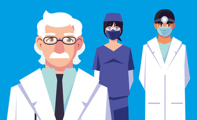 Men and woman doctors with uniforms and masks vector design