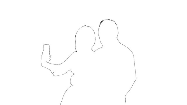 Outline sketch of portrait romantic pair is take selfie photo on a mobile phone. Silhouette. White background
