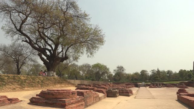 Dharmarajika Stupa near Dhamekh Stupa at Sarnath, Buddha place, Varanasi, India, 4k footage video